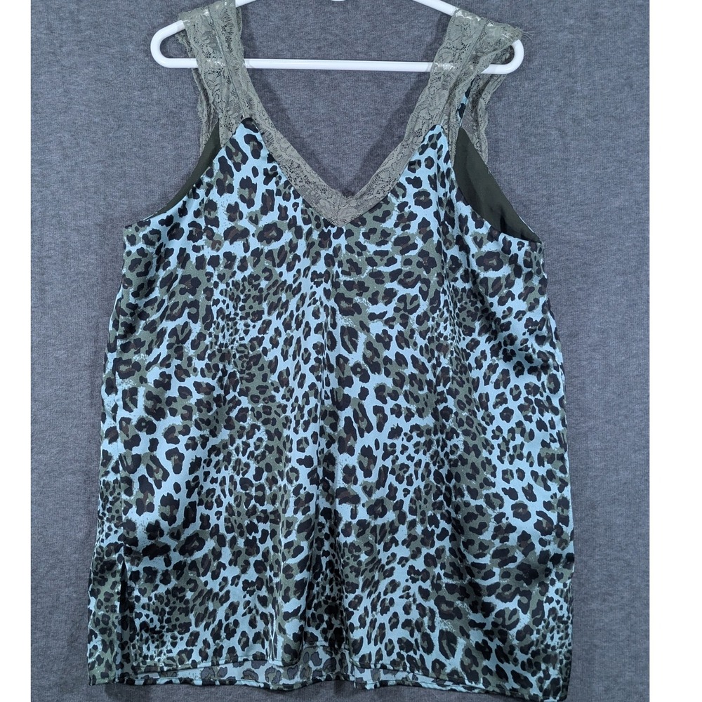 Umgee Women's Teal Blue Leopard Skin Tank Top Lace Trim‎ Size XL
